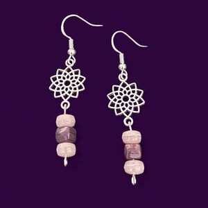 Mandala Lavender Colored Beaded Sterling Silver Dangle Earrings